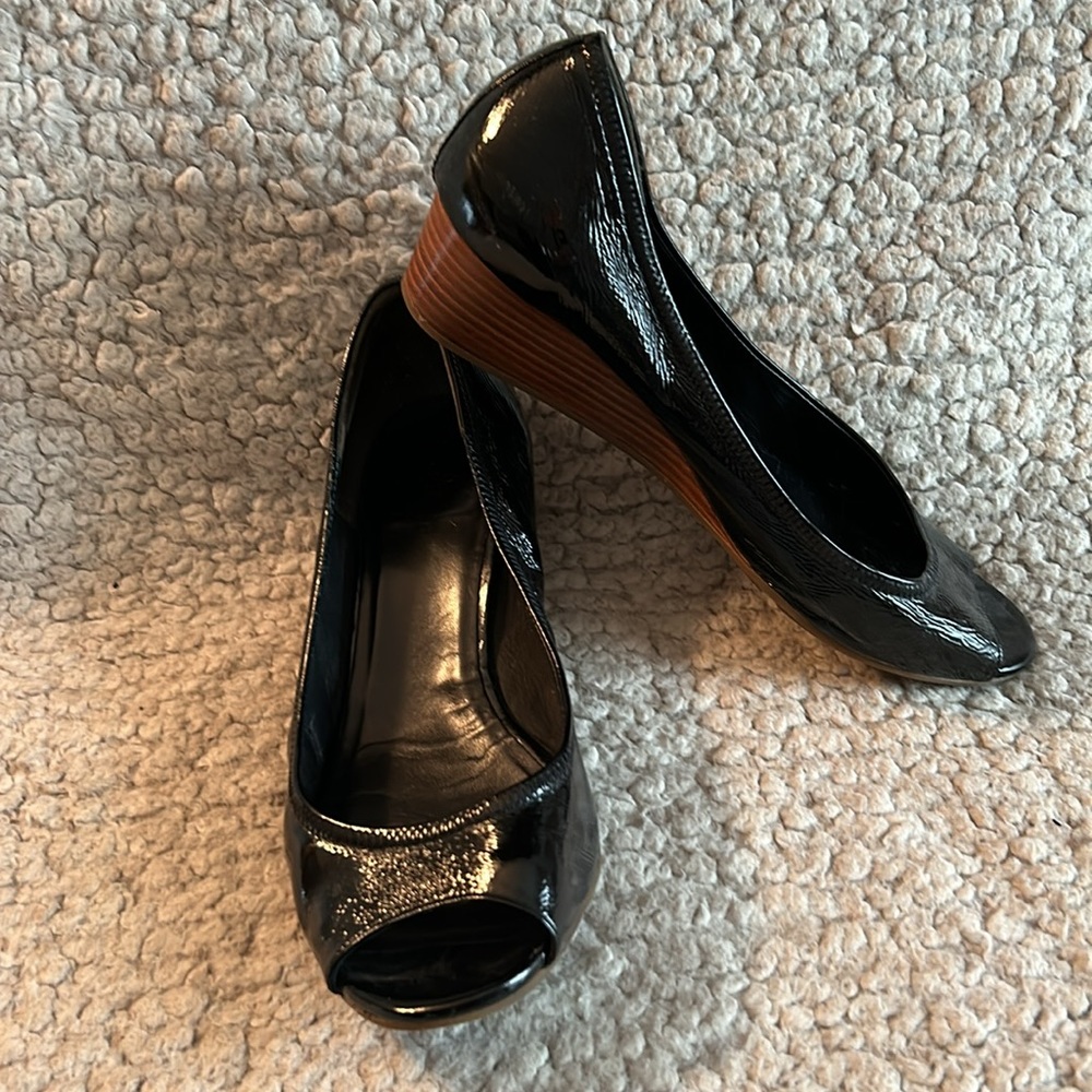 Cole Haan black patent peep toe with low wedge - Picture 2 of 3